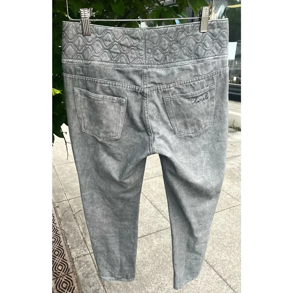 Y2K Vintage CHANEL Grey Wash Quilted Waist Skinny Denim Jeans Sz. 38  / 6 US